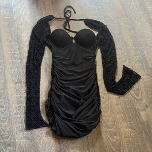 Fashion Nova Black Beaded Long Sleeve Dress XS